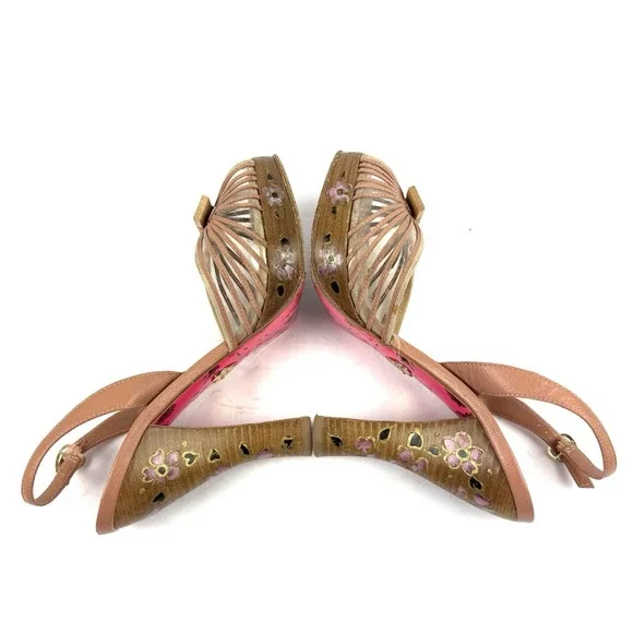 Betsey Johnson Jaya Heels 7.5 Barbiecore Pale Pink Floral Shoes Wood Platform - Picture 7 of 11